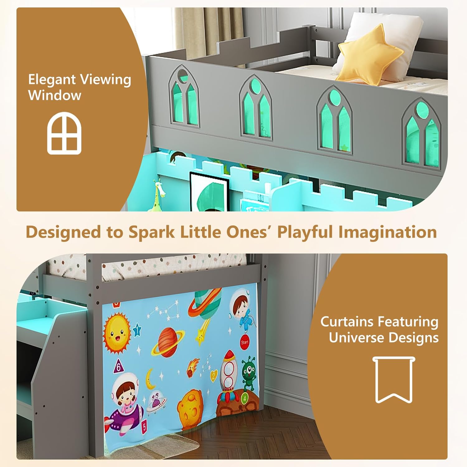 JOYMOR Low Loft Bed with LED Lights, Twin Loft Bed with Stairs, Safety Guardrail, Curtain, Wooden Bed Frame for Kids with Storage Bookcase and Under-Bed Play Space (Gray)