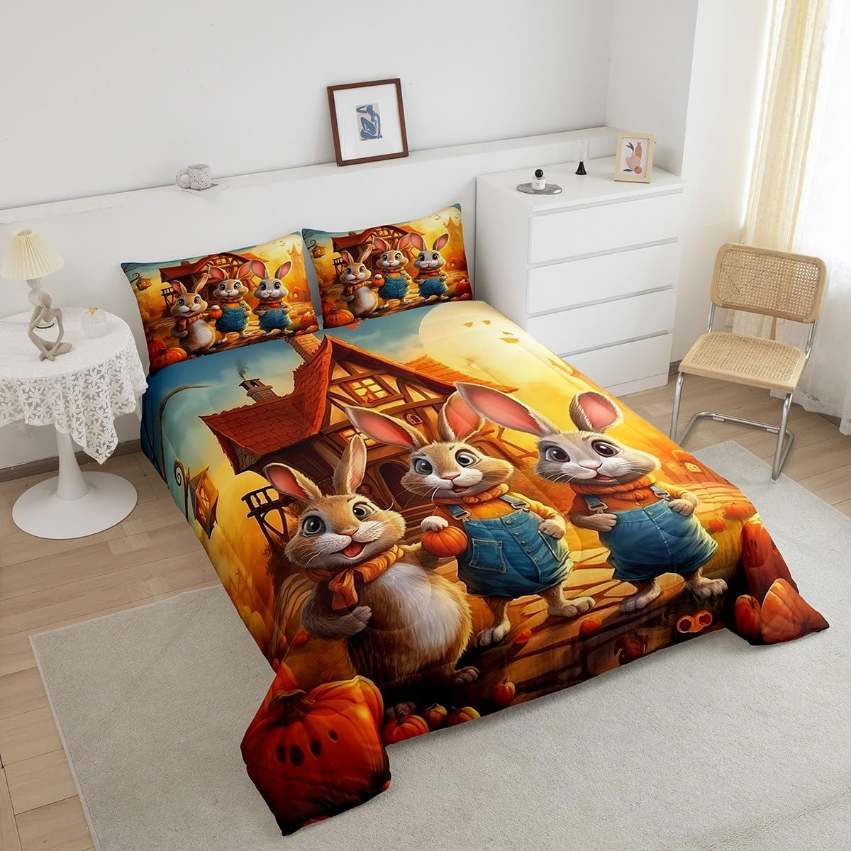 Erosebridal Cute Rabbit Comforter Set Queen,Farmhouse Animal Print Bunny Bedding Set Kawaii Room Decor,Halloween Pumpkin Comforter Set Rustic Cabin Style Cartoon Animals Quilt Bed Set 3Pcs