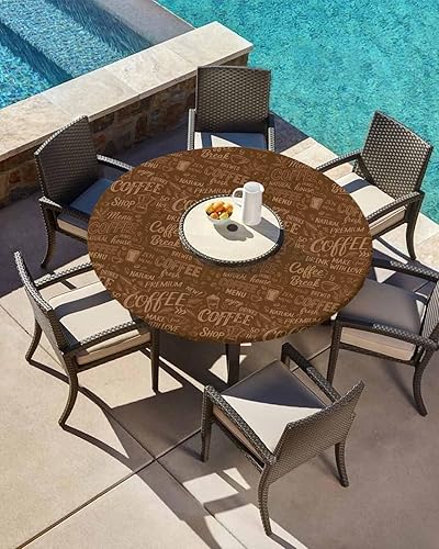 Miniatura 2 de Mantel redondo ajustable con borde elástico, café, té con leche y grano de cacao, impermeable, lavable, para cocina, comedor, fiesta, para mesas de