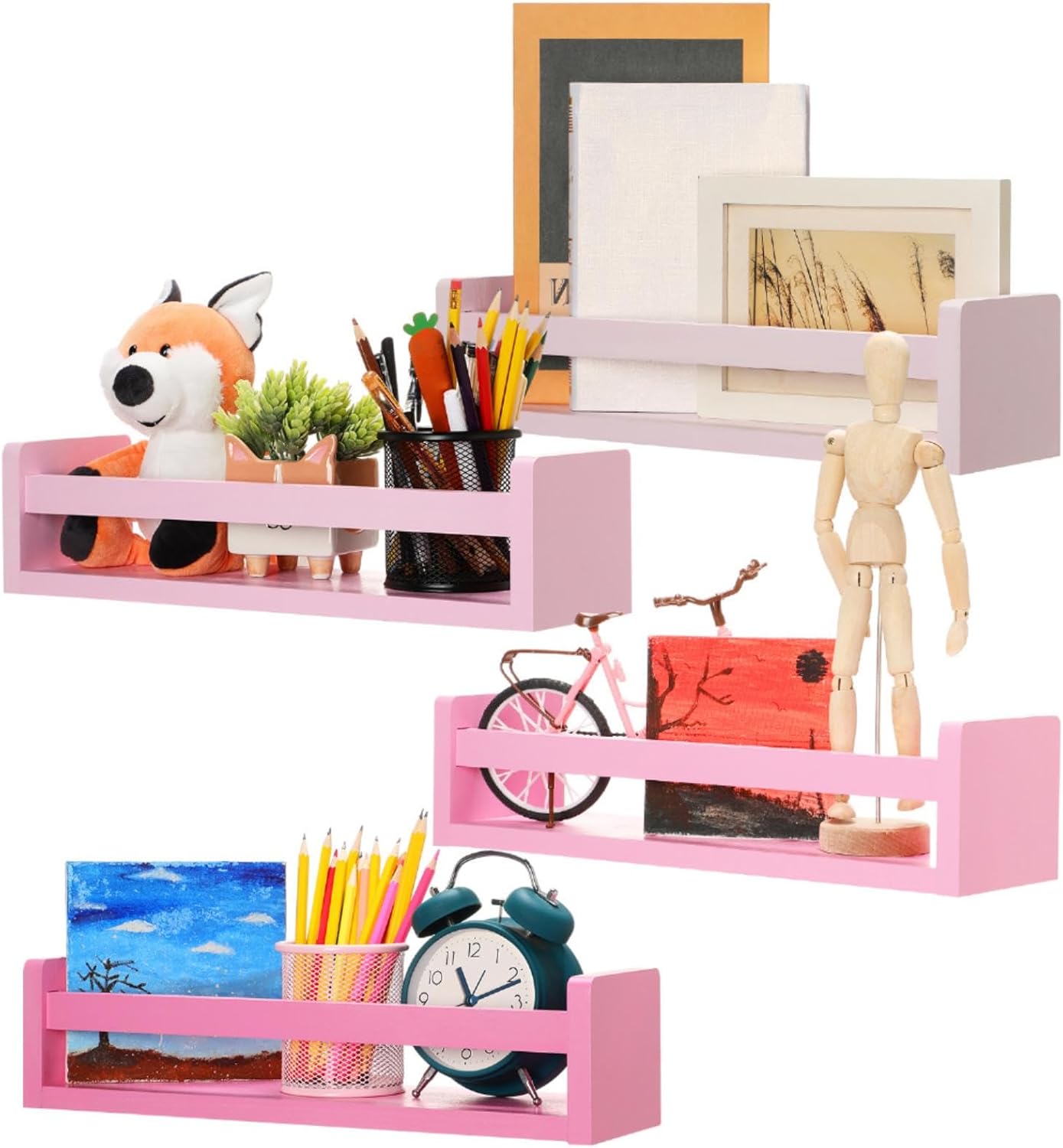 Set of 4 Nursery Book Shelves Floating Bookshelves Nursery Shelves for Wall Book Shelf Organizer Bathroom Storage Rack for Wall Decor(16 in,Light Macarons)