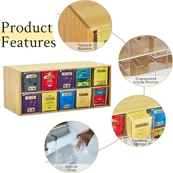 KAMJUNTAR Bamboo Tea Bag Organiser, Wood Tea Box Tea Bag Storage, 2 Tier Vertical Tea Caddy, for Cupboard Organizers, Tea Holder Organizer for Tea Bags Countertop Office Kitchen Cabinet Pantry
