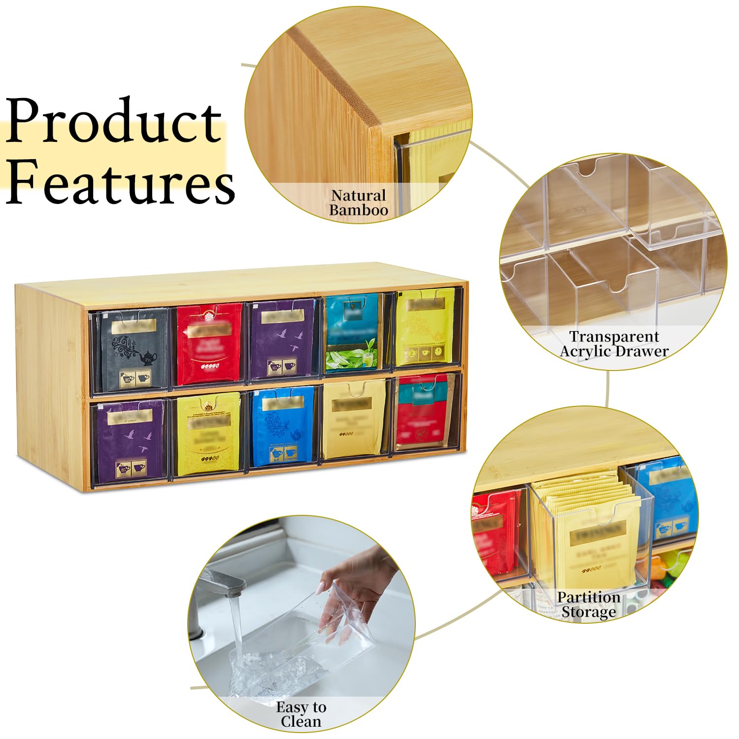 Organizzatore per bustine da tè in bambù, legno, contenitore per bustine da tè, 2 livelli, scatola da tè verticale, per organizzatore di armadi, porta tè, organizzatore per bustine da tè, piano di
