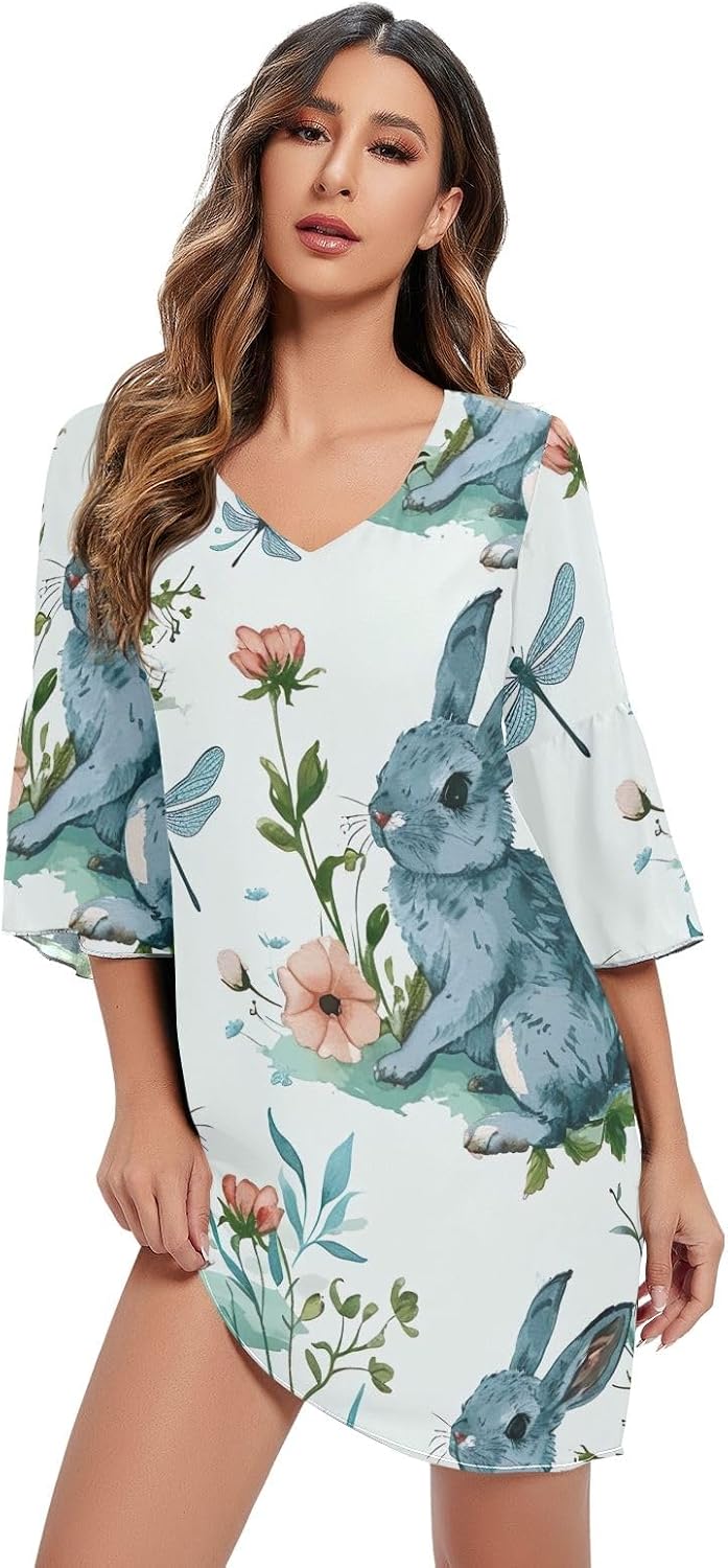 Cute Rabbit Flowers Blue Short Dress Printed Maternity Dress Party S-XXL