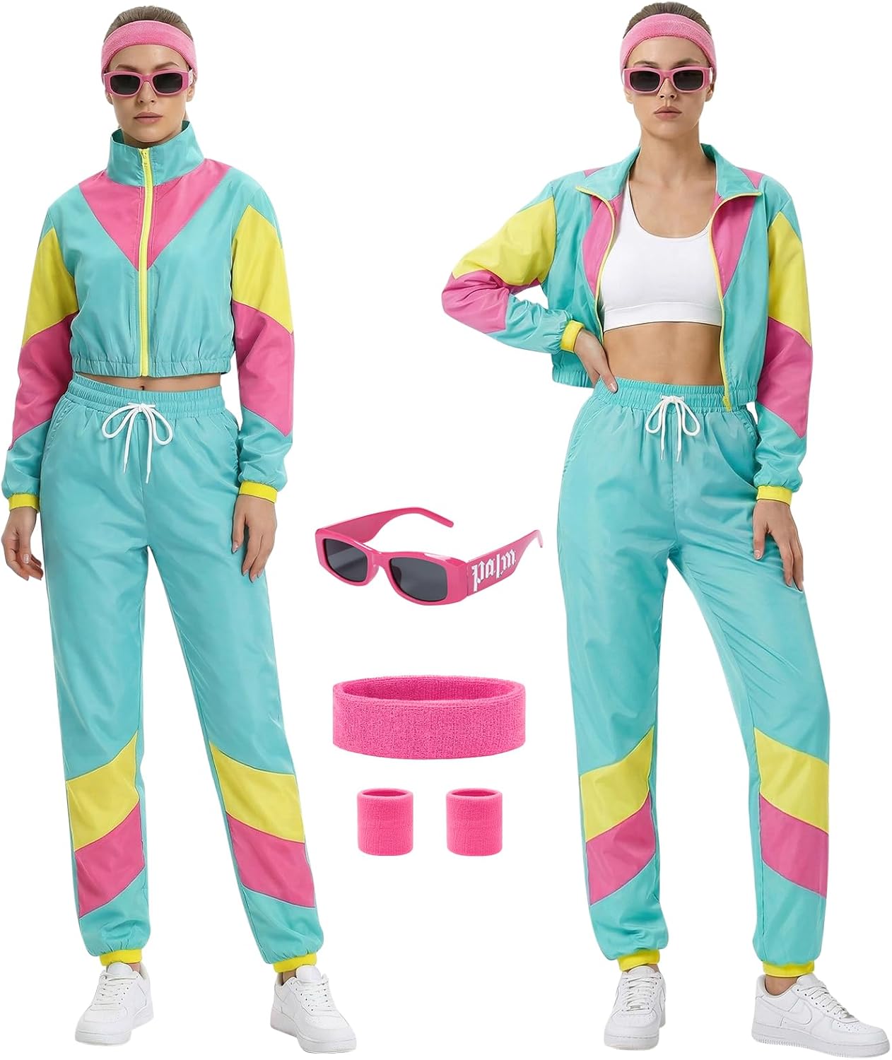 Women's 80s 90s Outfits Tracksuit Costume 5 Piece Color Block Retro Windbreaker Accessories Track Suits