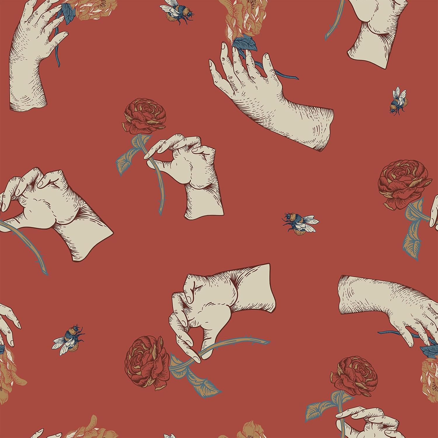 VEELIKE Vintage Hand Rose Floral Peel and Stick Wallpaper Orange Art Deco Wallpaper for Bedroom Bathroom Accent Walls 17.7''x118'' Removable Self Adhesive Orange Contact Paper for Cabinets Drawers