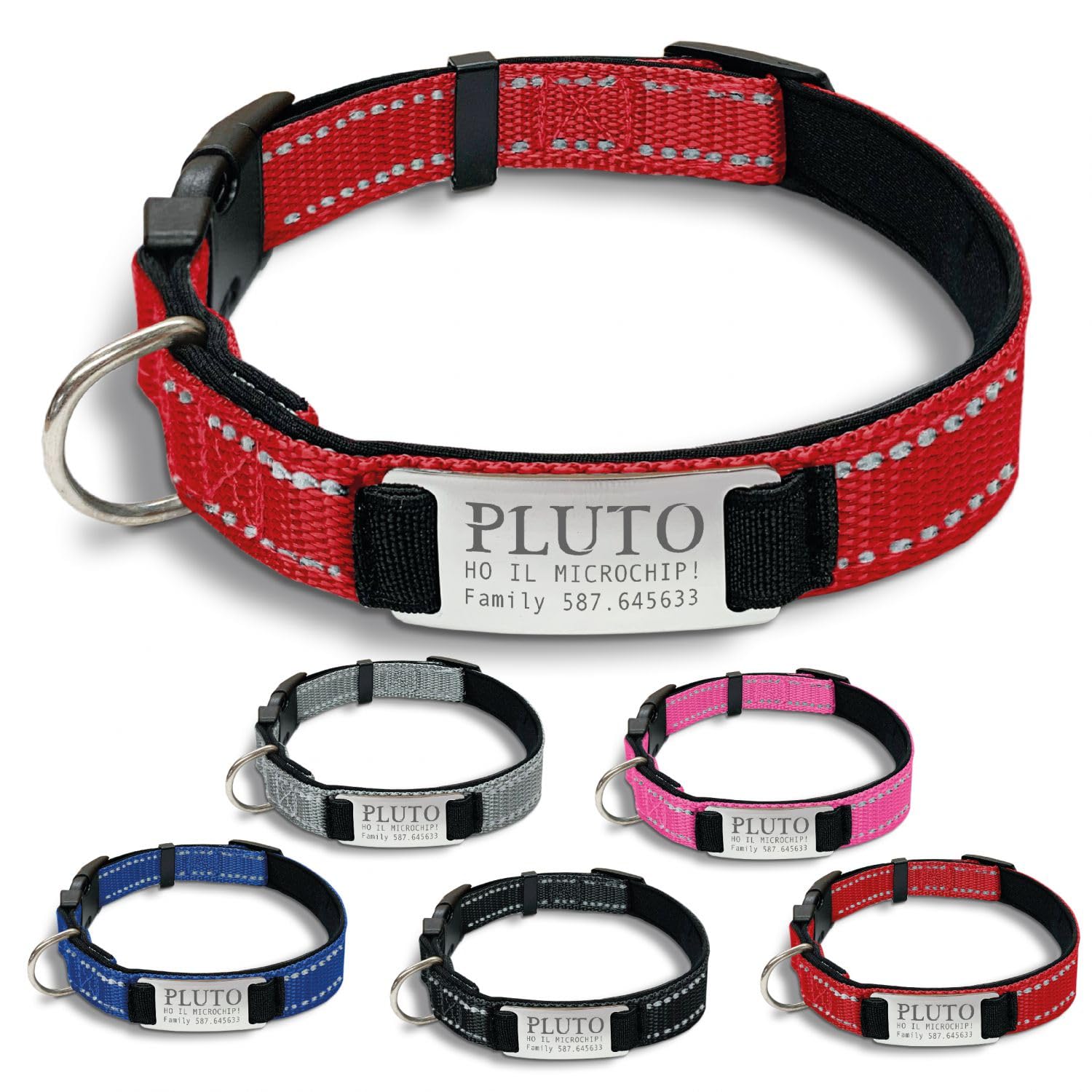 Gruppo Veneziano - collare cane personalizzato - collare cane personalizzabile con targhetta in metallo - linee Catarifrangenti - clip in abs - gancio per guinzaglio