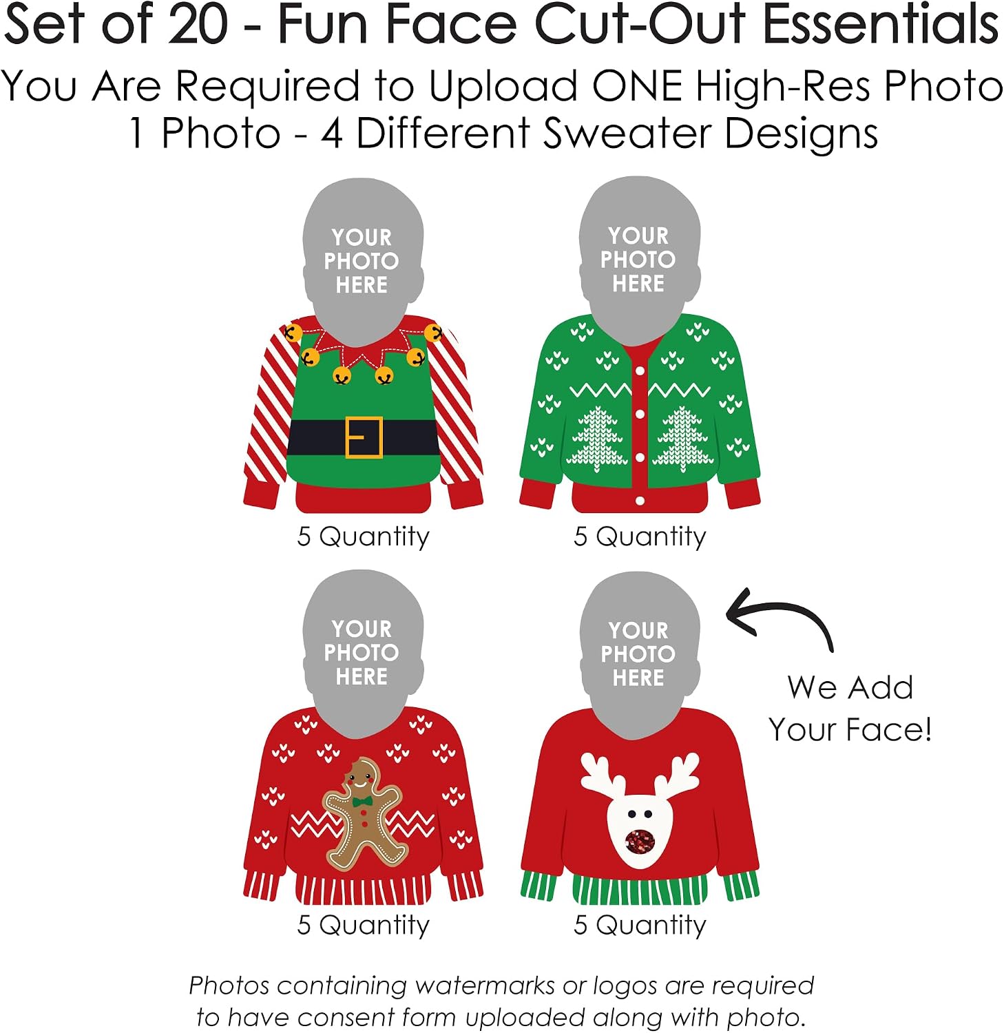 Big Dot of Happiness Custom Photo Ugly Sweater - Fun Face Decorations DIY Holiday and Christmas Party Essentials - Set of 20