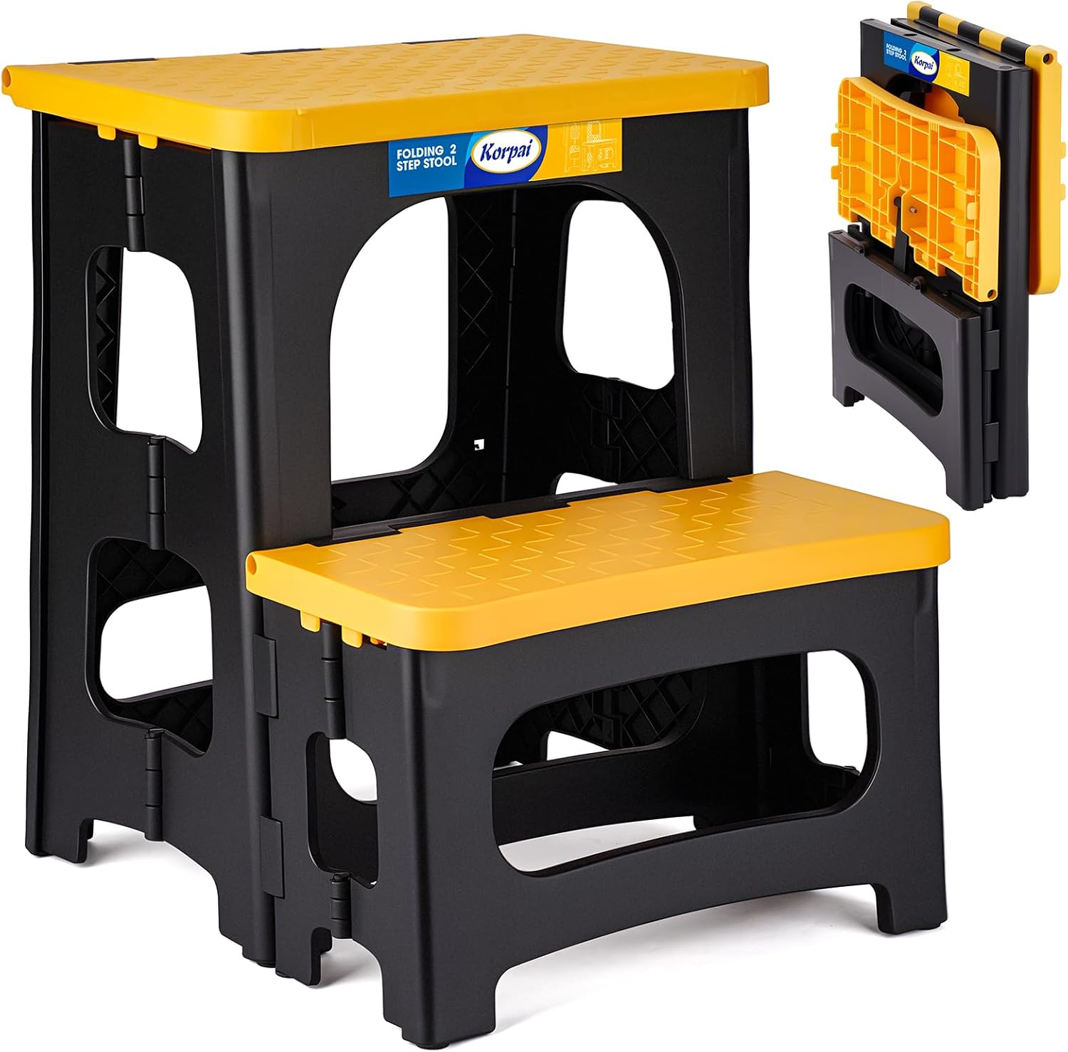 Korpai Folding 2 Step Stools,8" & 17" Dual Heights,Foldable Step Stool for Adults and Kids,Hold up to 300 lbs,Collapsible Step Stool for Kitchen Bedroom Office Bathroom RV, Yellow