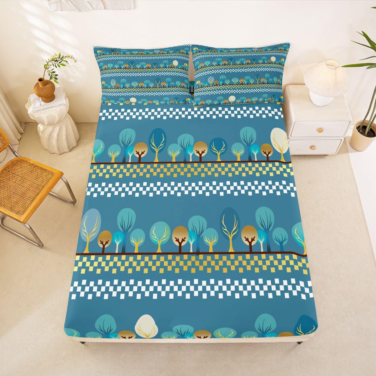 Manfei Juego de sábanas bajeras de 3 piezas, diseño de árbol de dibujos animados, geométrico, abstracto, con 2 fundas de almohada, decoración de habitación infantil y niña, suave (no se vende plana)