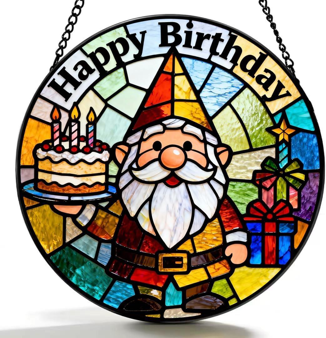4th of July Stained Glass Suncatcher - Patriotic Gnome Window Hanging Ornament American Flag Design Decor for Independence Gift & Home Decoration