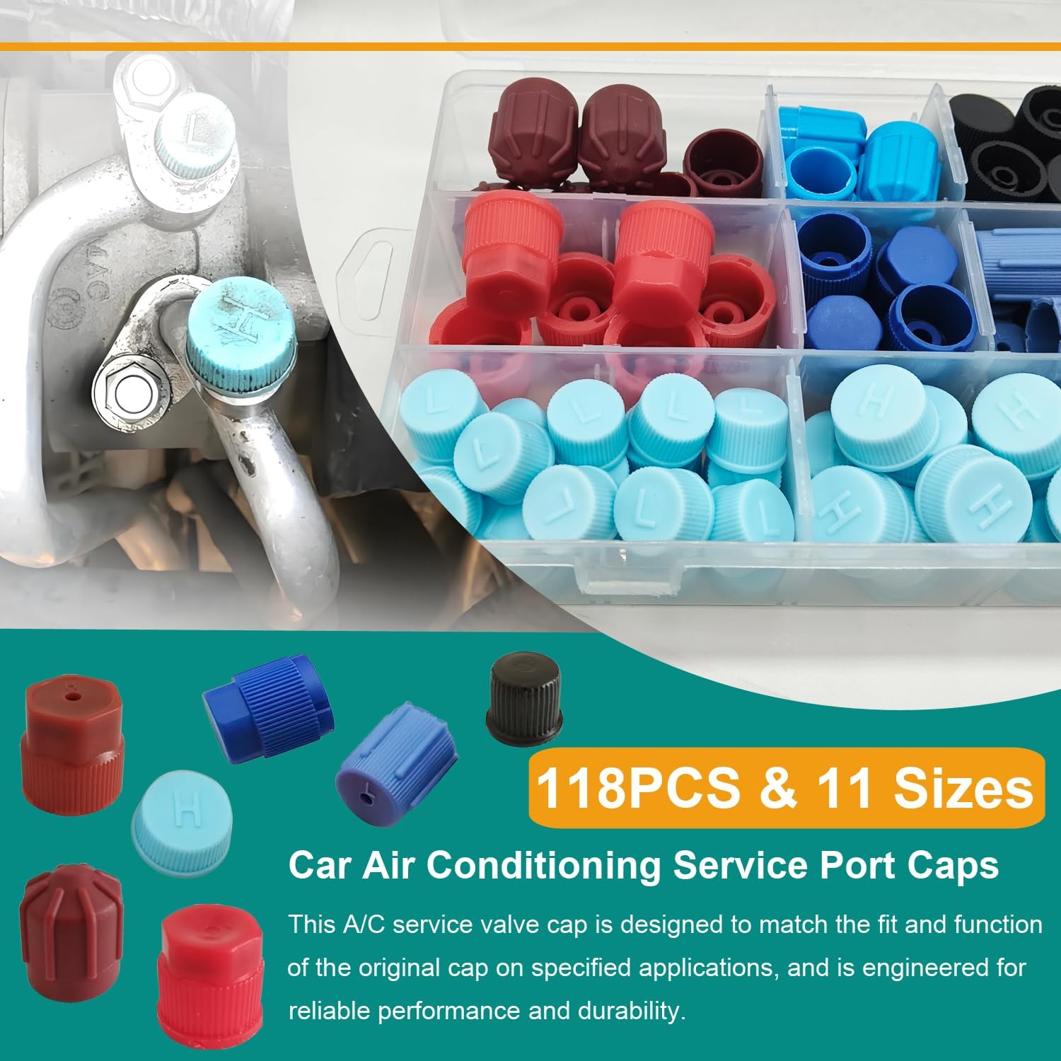 118PCS AC Caps for Cars, 11 Sizes R12 R134a Air Conditioning Service Valve Cap AC Service Low High Side Pressure Port Dust Cap Replacement