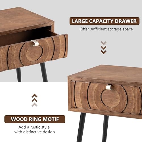 Miniatura 5 de COSIEST Mesita de noche Mid-Century con cajón de almacenamiento, mesa auxiliar con patrón de panal de abeja, pequeña mesita de noche vintage para