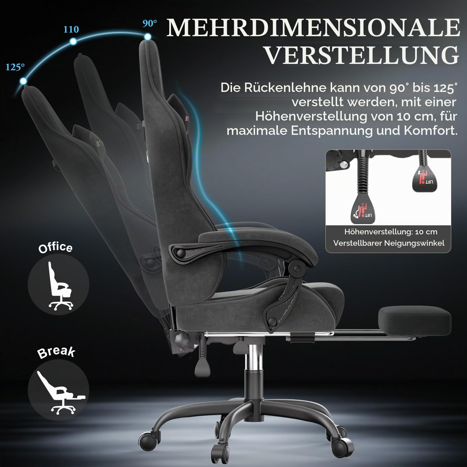 Verdego Gaming Stuhl Ergonomisch, Gaming Chair mit Massagefunktion, Fußstütze, Gamingstuhl Samt, Höhenverstellbar, Gamer Stuhl Verstellbare Rückenlehne 90-125°, Linkage Armlehnen (Schwarz)
