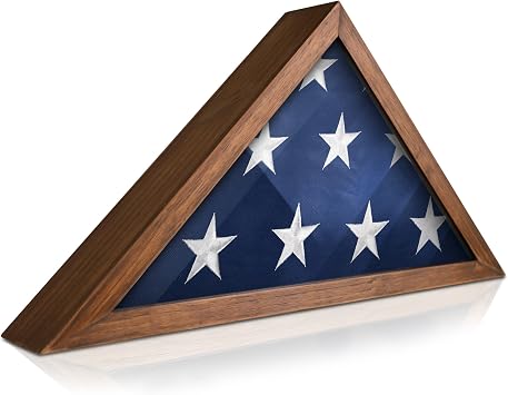 HBCY Creations Flag Display Case for 5 x 9.5 American Veteran Burial Solid Wood Rustic Brown Frame with Glass Front Wall Mount or Standing Display, Box