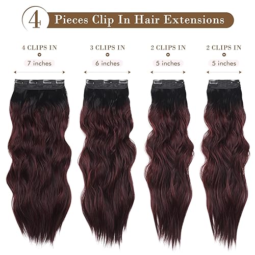Miniatura 2 de REECHO Extensiones de cabello, 4 extensiones de cabello con clip, HE001, extensiones de cabello sintético natural suave para mujer, negro a borgoña