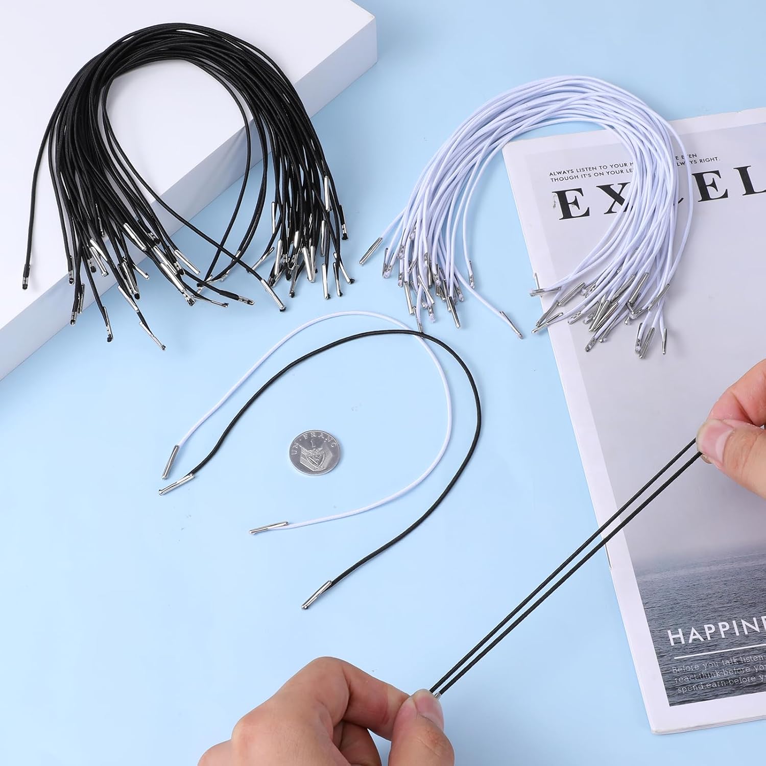 60 PCS Elastic Cords with Metal Ends, 12 Inch Barbed Elastic String (30 Black, 30 White), 1.5mm Round Stretch Band Loop for DIY Party Hats, Mask Making, Menu Bands, Book Binding