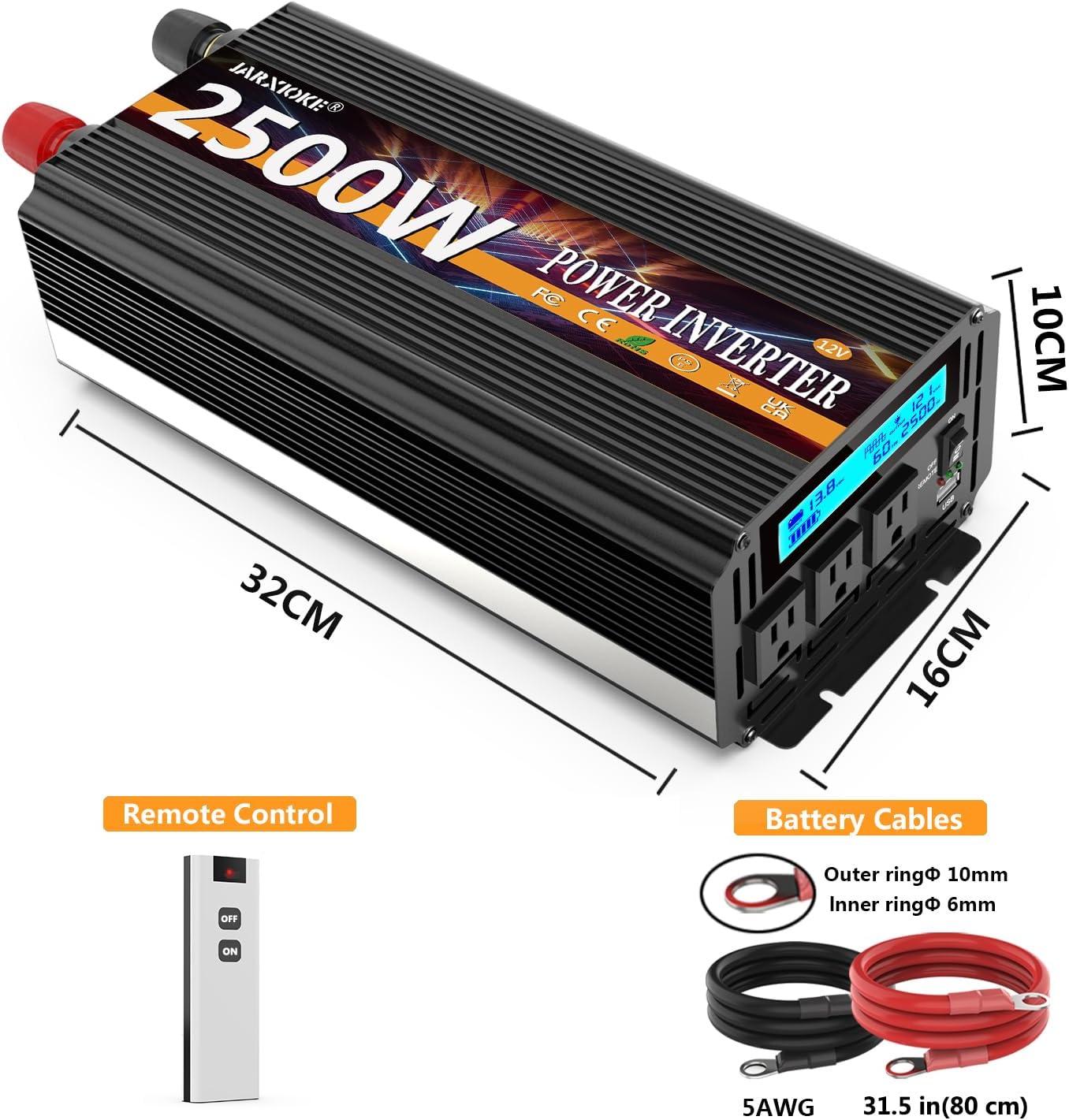 JARXIOKE 2500W Power Inverter with remote control and battery cables