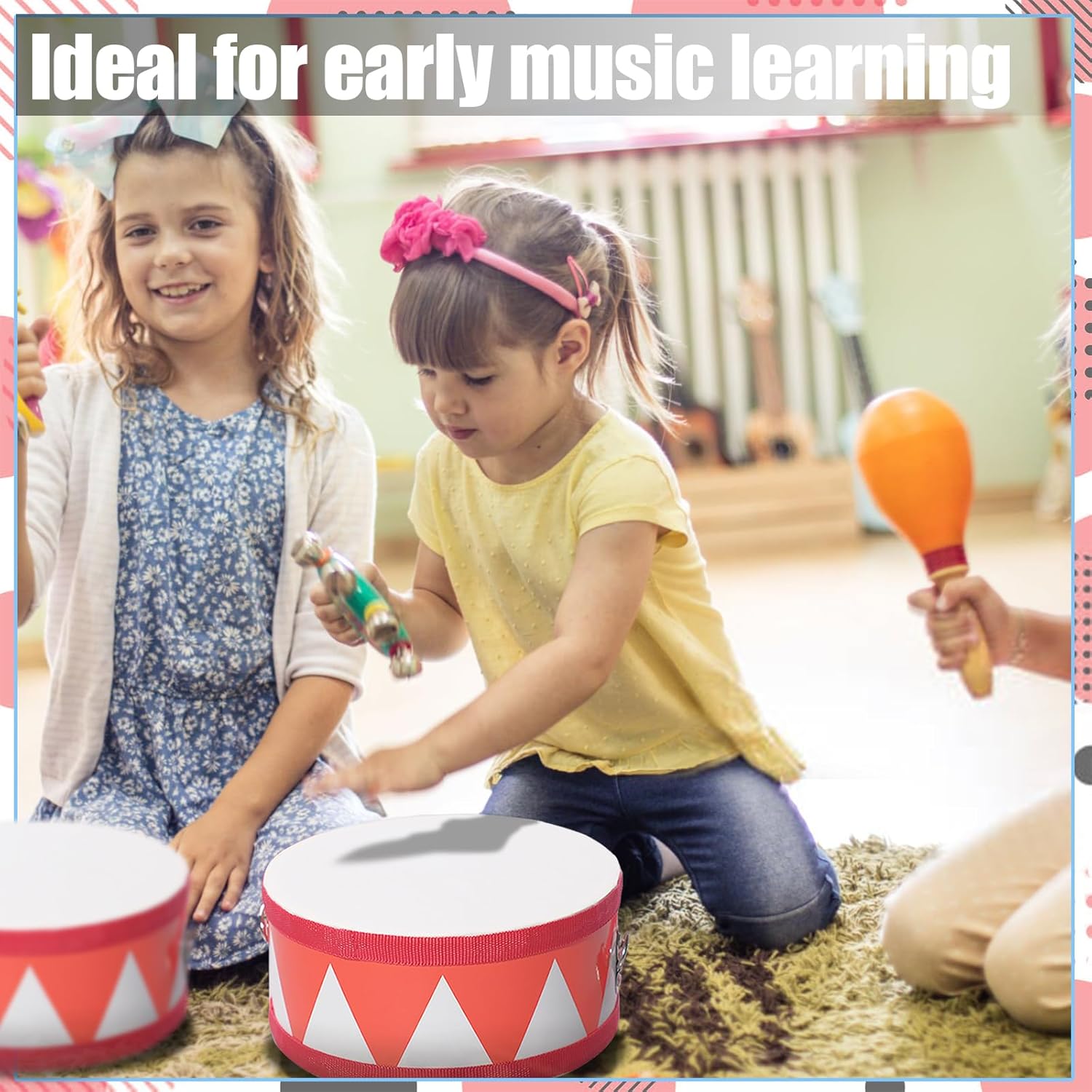 4 Pcs Drum Set for Kids 8 Inch Toddler Toy Drum 10 Drumsticks with Adjustable Strap Wooden Drum Educational Musical Instrument Toys Sensory Musical Instrument Drum for Toddler Girls Boys