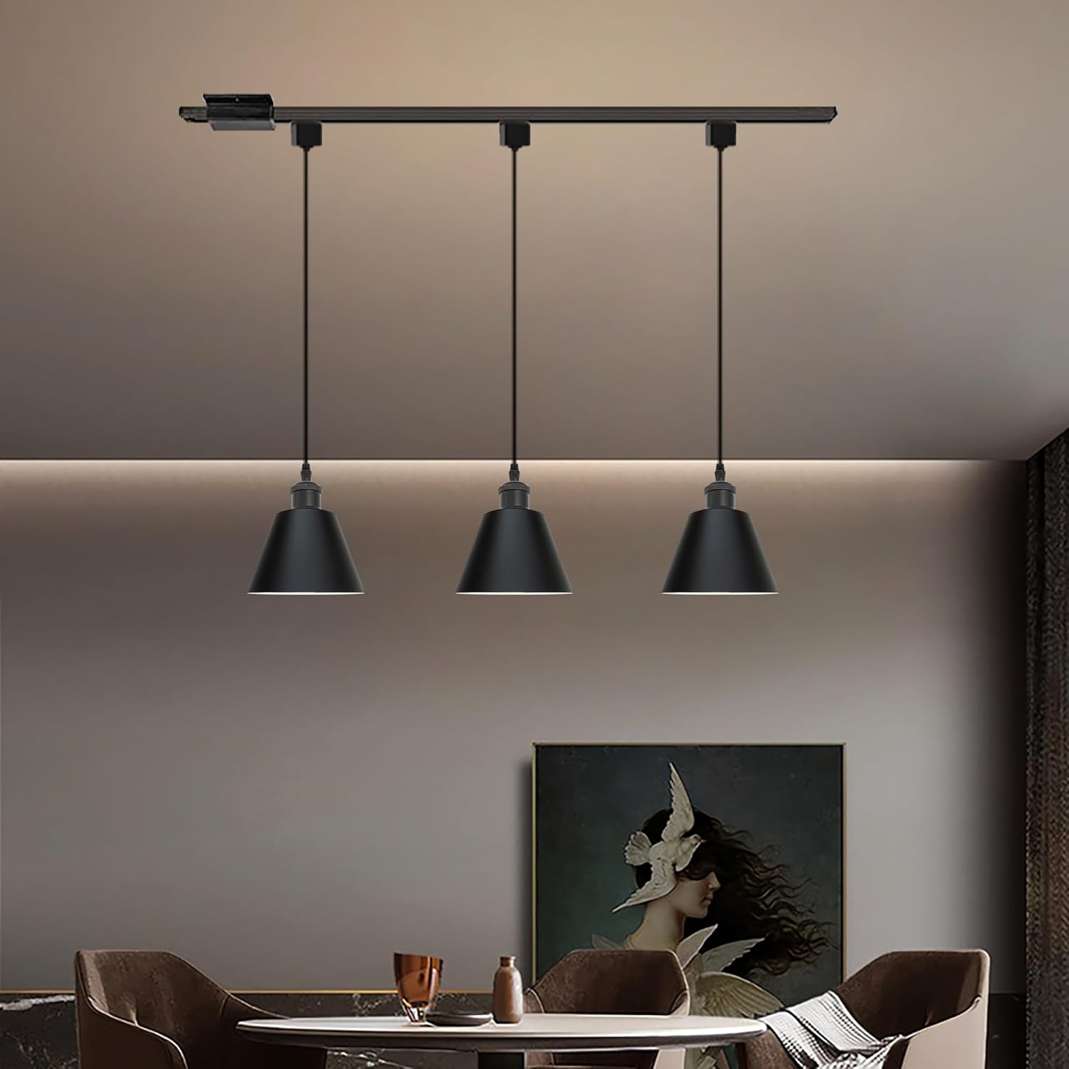 H-Type Track Lighting Pendant Restaurant Retro Black Light 2.4GHz 3-Zone Remote Control Stepless Dimming Cone Shape, Halo Track Mounted Customizable for Kitchen, 1 Light TB2744
