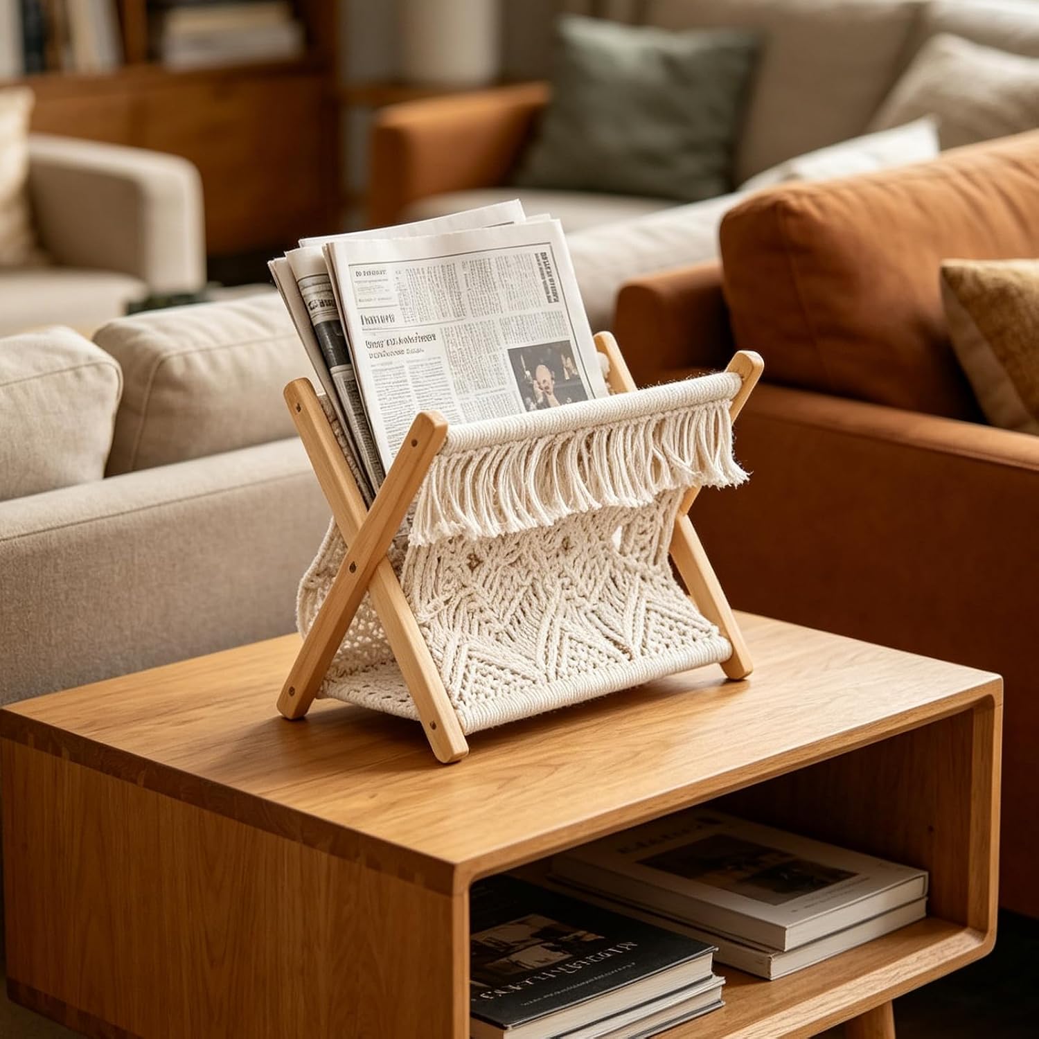 Magazine Rack Cotton Rope Storage Basket with Wooden Frame Foldable Magazine Holder Decorative Book Organizer for Living Room Bedroom Aesthetic Home Decor 26x18x32cm