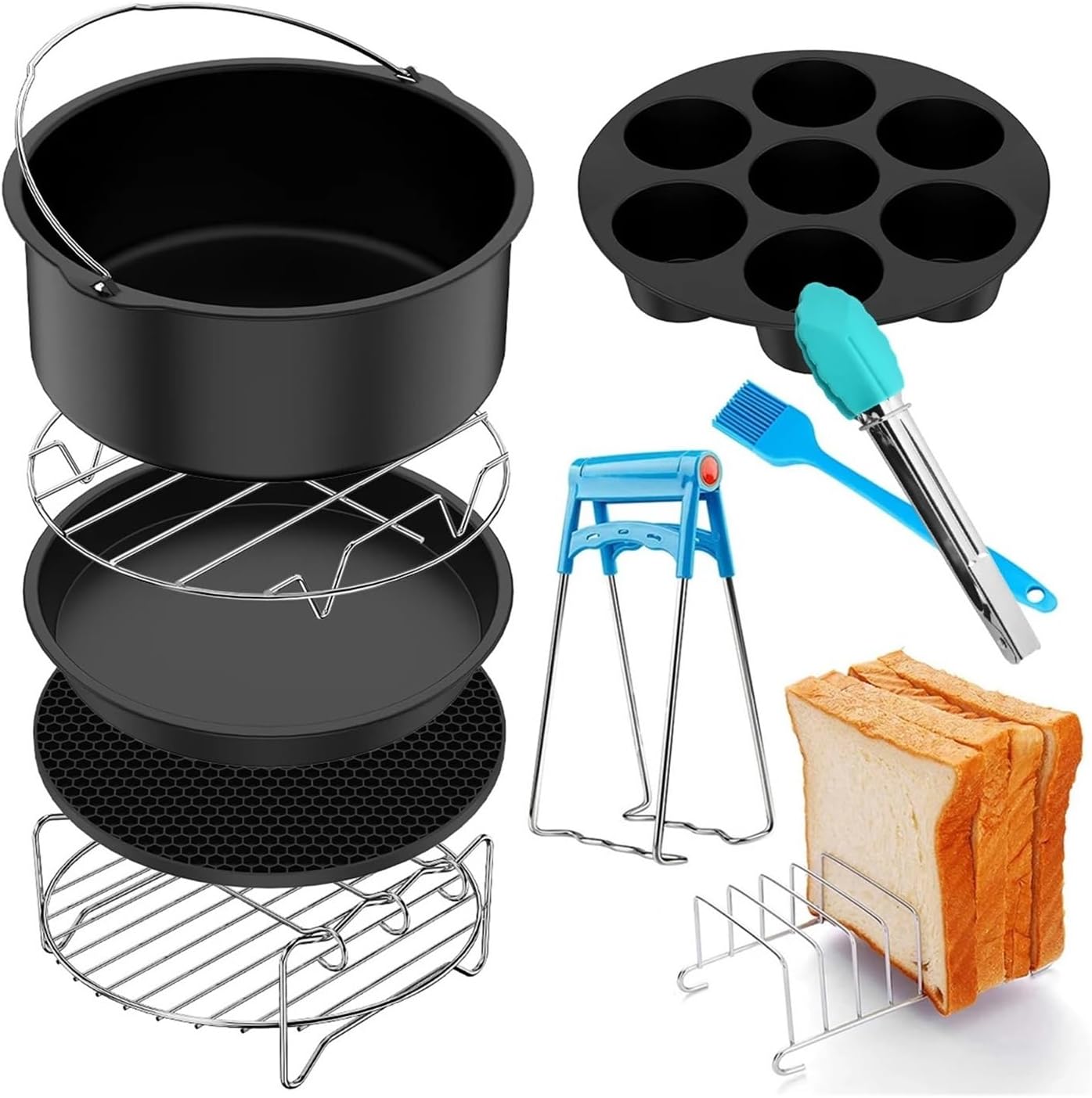 Compatible For Air Fryer Accessories Set Food-grade With Cake Basket Pizza Pan Stainless Steel Skewer Rack Oil Brush