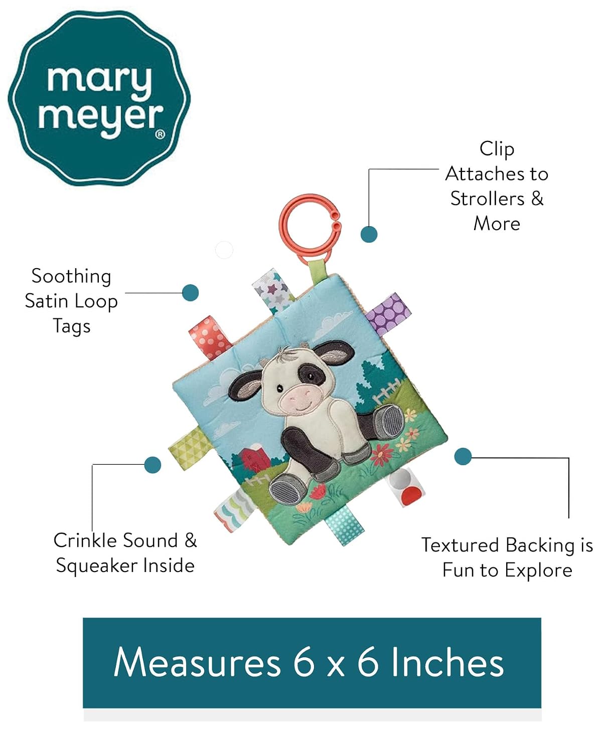 Taggies Crinkle Me Toy with Baby Paper & Squeaker with Sensory Tags, 6 x 6-inches, Buttercup Cow image 4