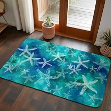 Absorbent Door Mat,Fancy Ocean Starfish Teal Blue Faux Linen Doormat,Washable Non-Slip Entrance Rug Watercolor Marine Life Welcome Front Mat for Indoor Outdoor Entryway Kitchen,31"x47"
