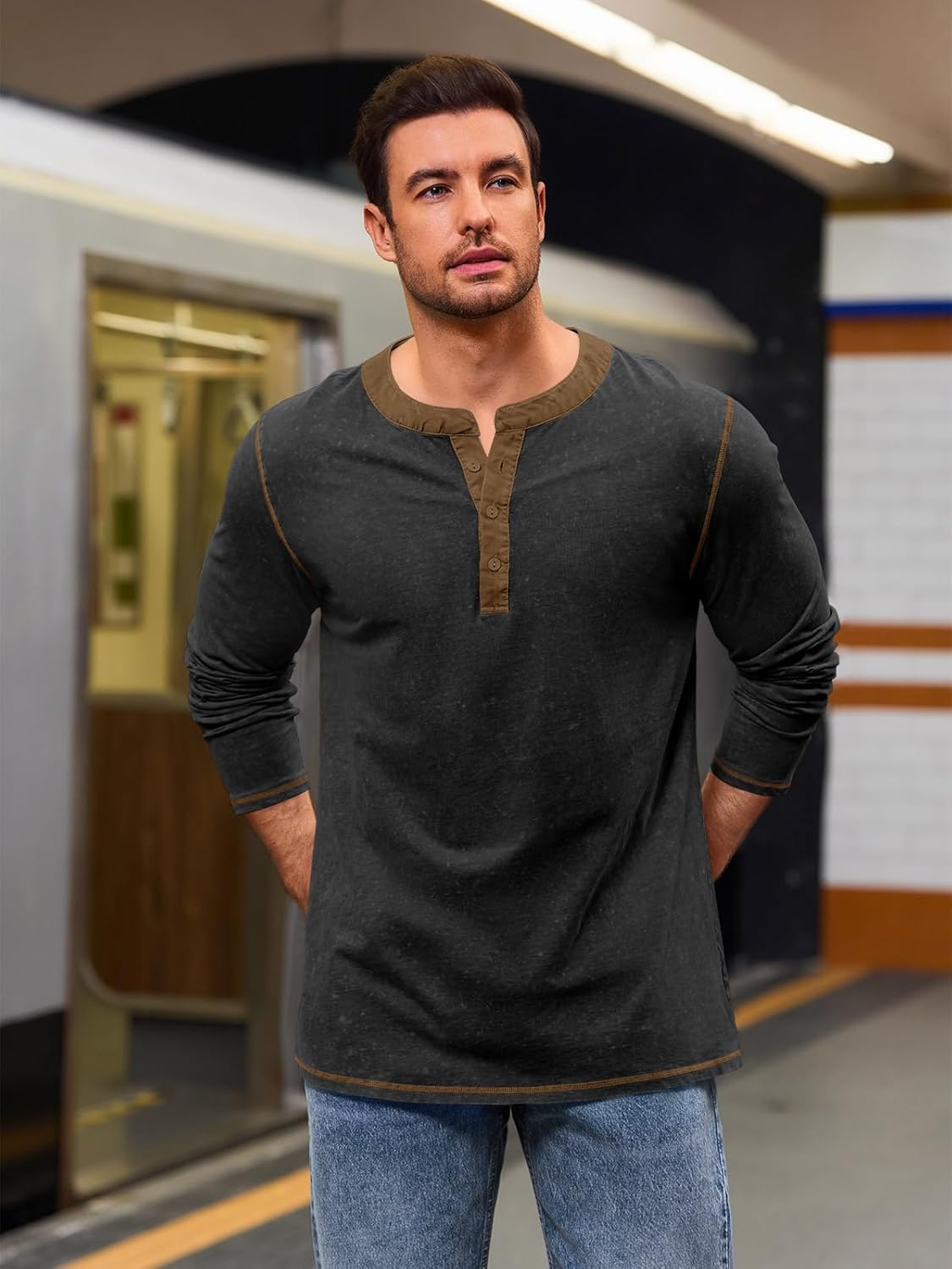 Yousify Mens Henley Shirt Long Sleeve Casual Cotton Basic T Shirts Button Washed Retro Lightweight Tee Tops - Image 2