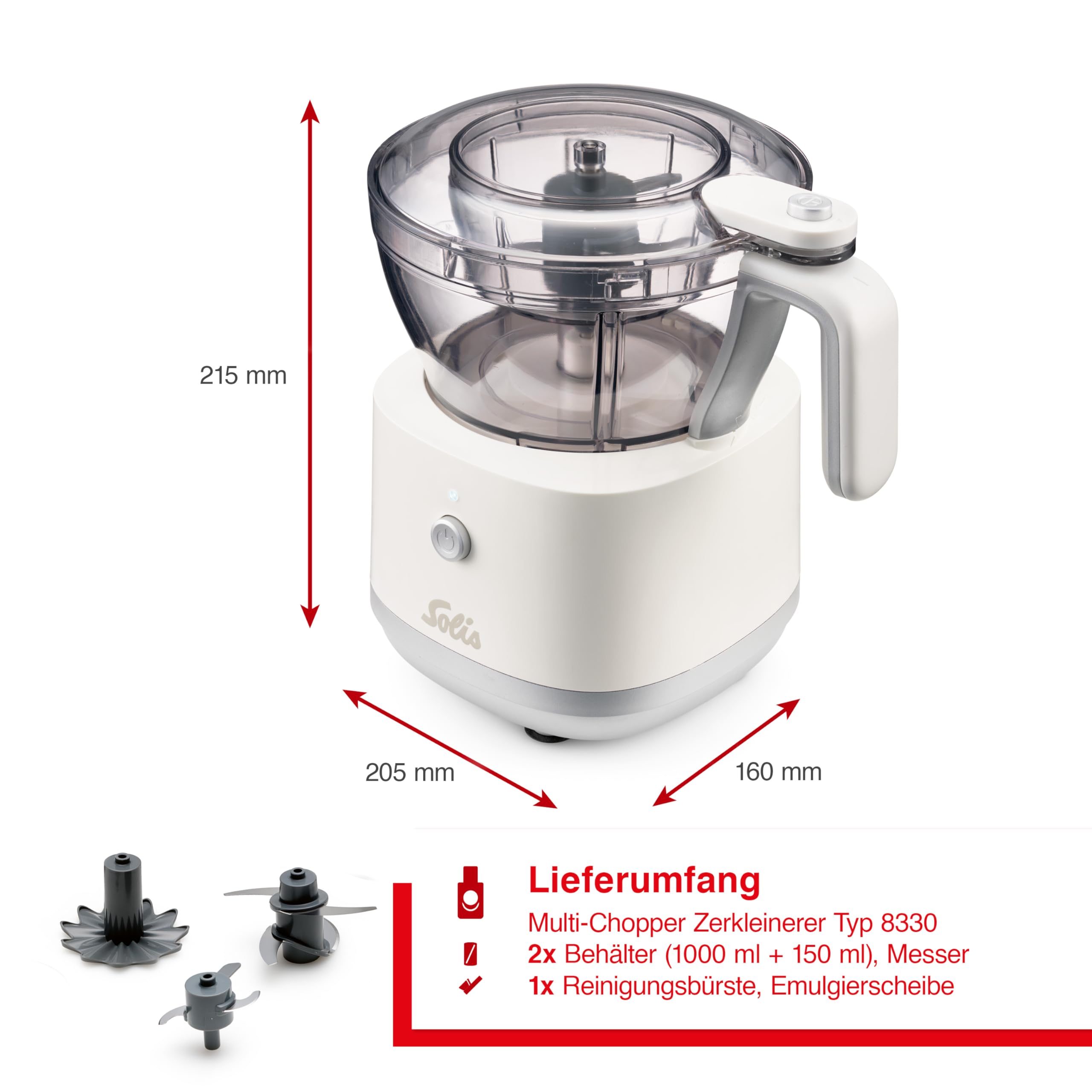 Solis Multi Chopper – Zerkleinerer mit 2 Behältern & Emulgierscheibe, für Gemüse, Fleisch, Kräuter & Dips – mit Start-Sicherheitsschalter & Saugnapf, spülmaschinengeeignet