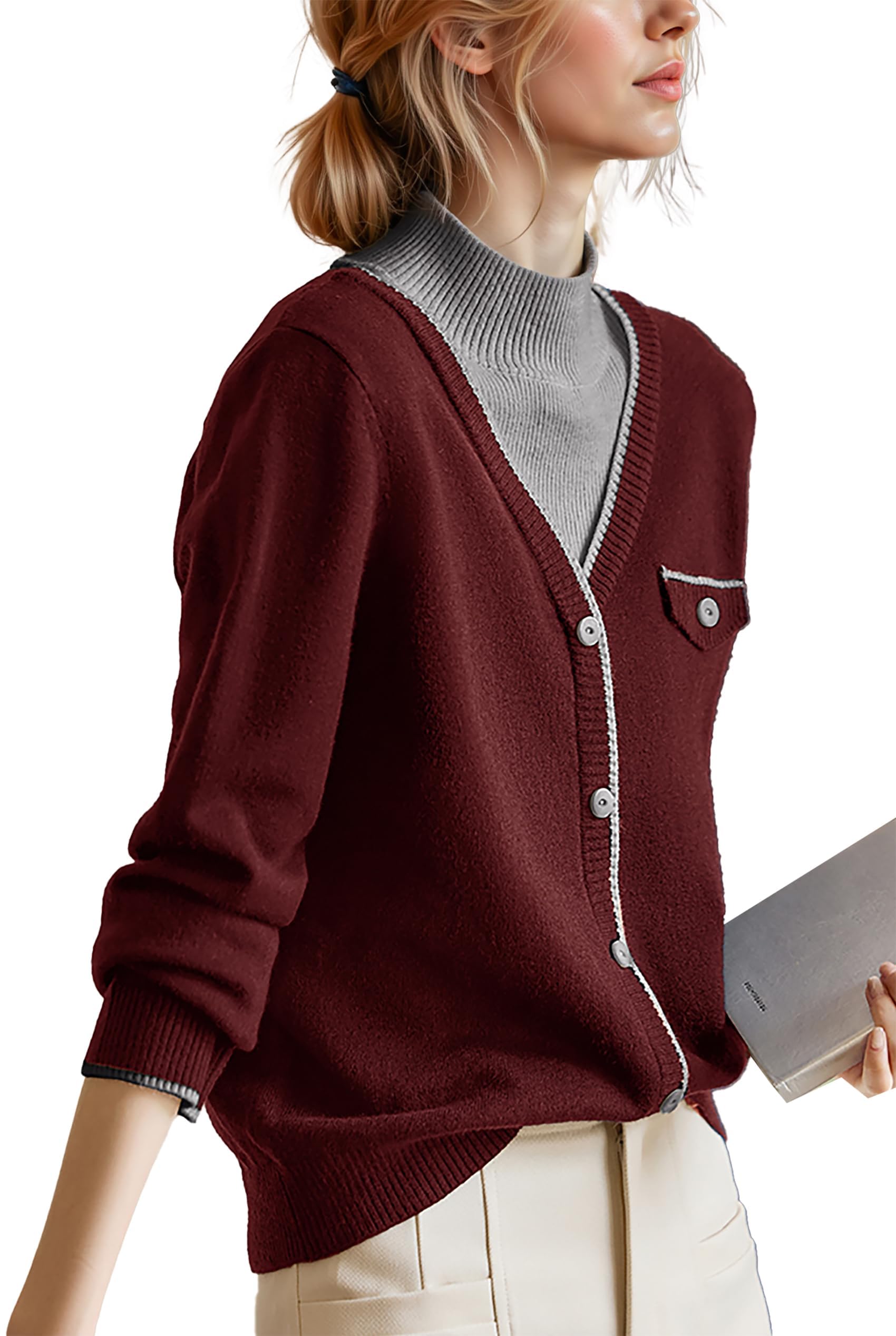 LAI MENG FIVE CATS Womens Turtleneck Ribbed Sweaters Knit Patchwork Lightwight 2 in 1 Pullover Tops