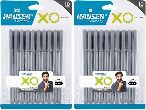 Hauser Xo Ball Pen Box Pack | Tip Size 0.7 Mm | Sleek Body & Minimalistic Design | Matt Finish | Solid Body Type | Low Viscosity Ink | Ultra Durable Tip | Black Ink, Set Of 10 Pcs X 2 Pack