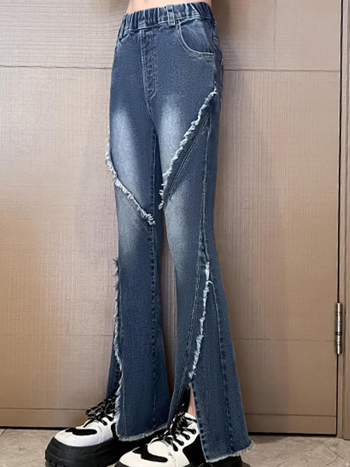 Linjinx Kids Girls Flare Jeans High Waist Denim Pants Tassel Hem Bell-Bottom Wide Leg Leggings Trousers Casual Jeggings
