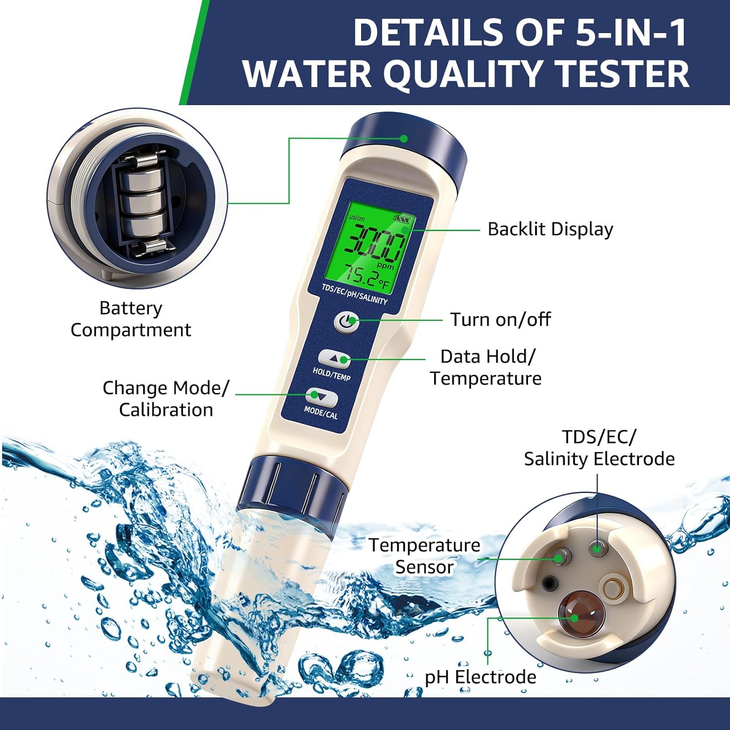Pool Salt Tester & PH Meter - 5-in-1 Digital TDS Meter for Salinity PH Temp and EC, 0.01 High Accuracy, Swimming Pool, Hydroponics, Aquarium, Hot Tub, PPM Meter for Pool, Drinking Water, Wine, Food