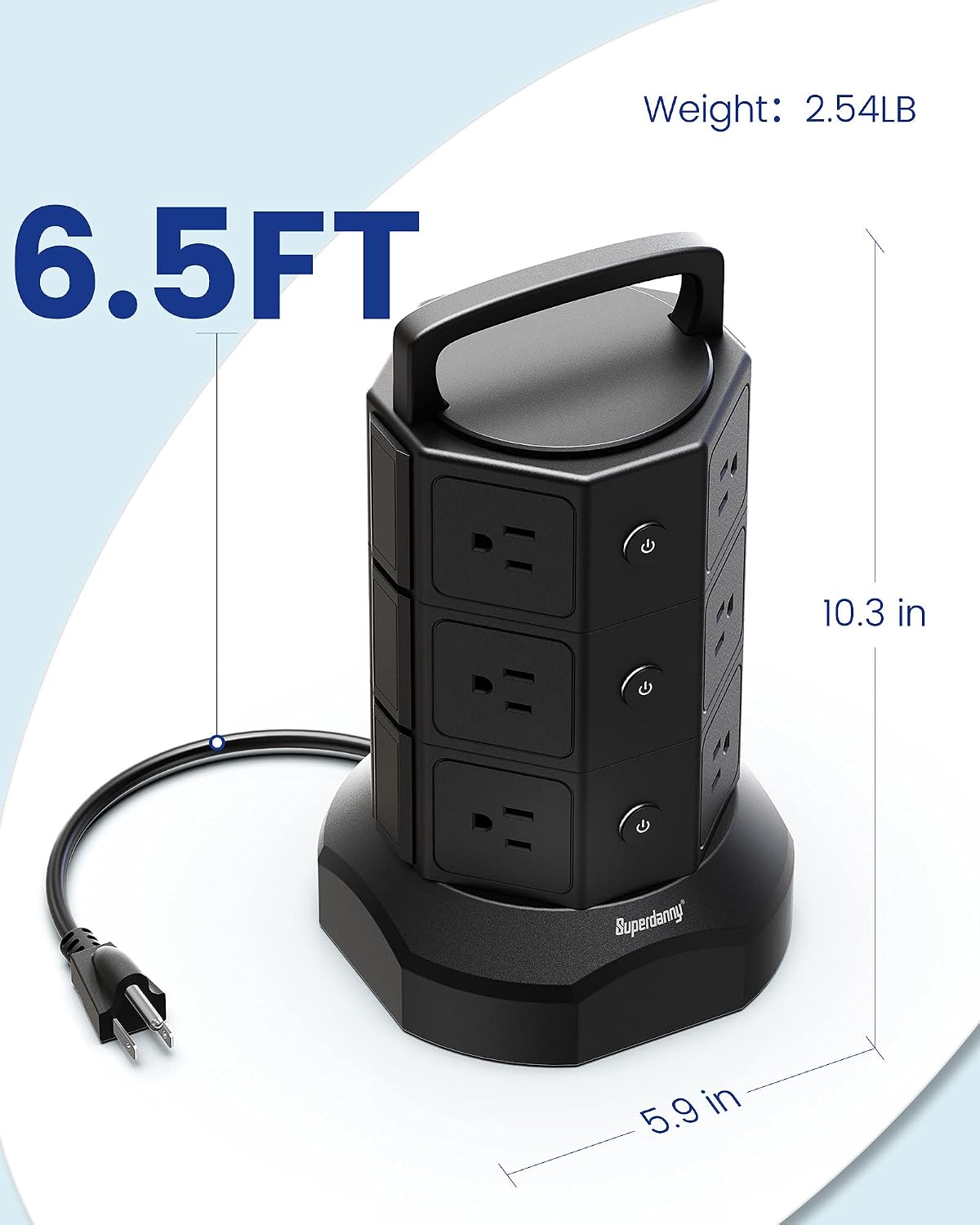 Power Strip Tower Surge Protector, 6 USB Ports and 12 AC Outlets, SUPERDANNY 6.5ft Retractable Extension Cord, 1625W / 13A, 1050 Joules, Vertical Charging Station for Home, Office, Dorm, Black