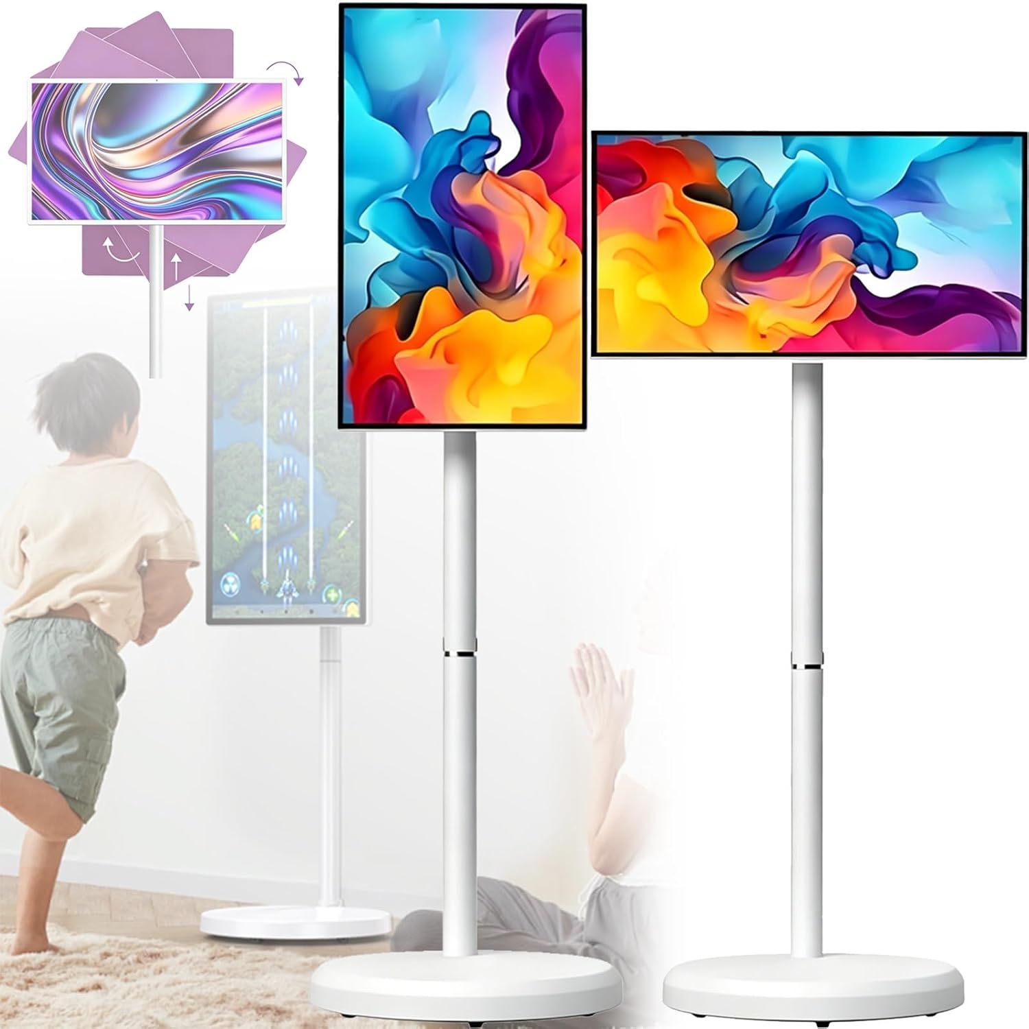 21.5"/24"/27"/32" Mobile Portable Smart TV with 4K UHD Ultra HD touch display, Android OS 4G/8G RAM+64G/128G Storage,Rotatable Stand for Indoor/Outdoor Movie, Video Call, Gaming(21.5inches,4GB+64GB)