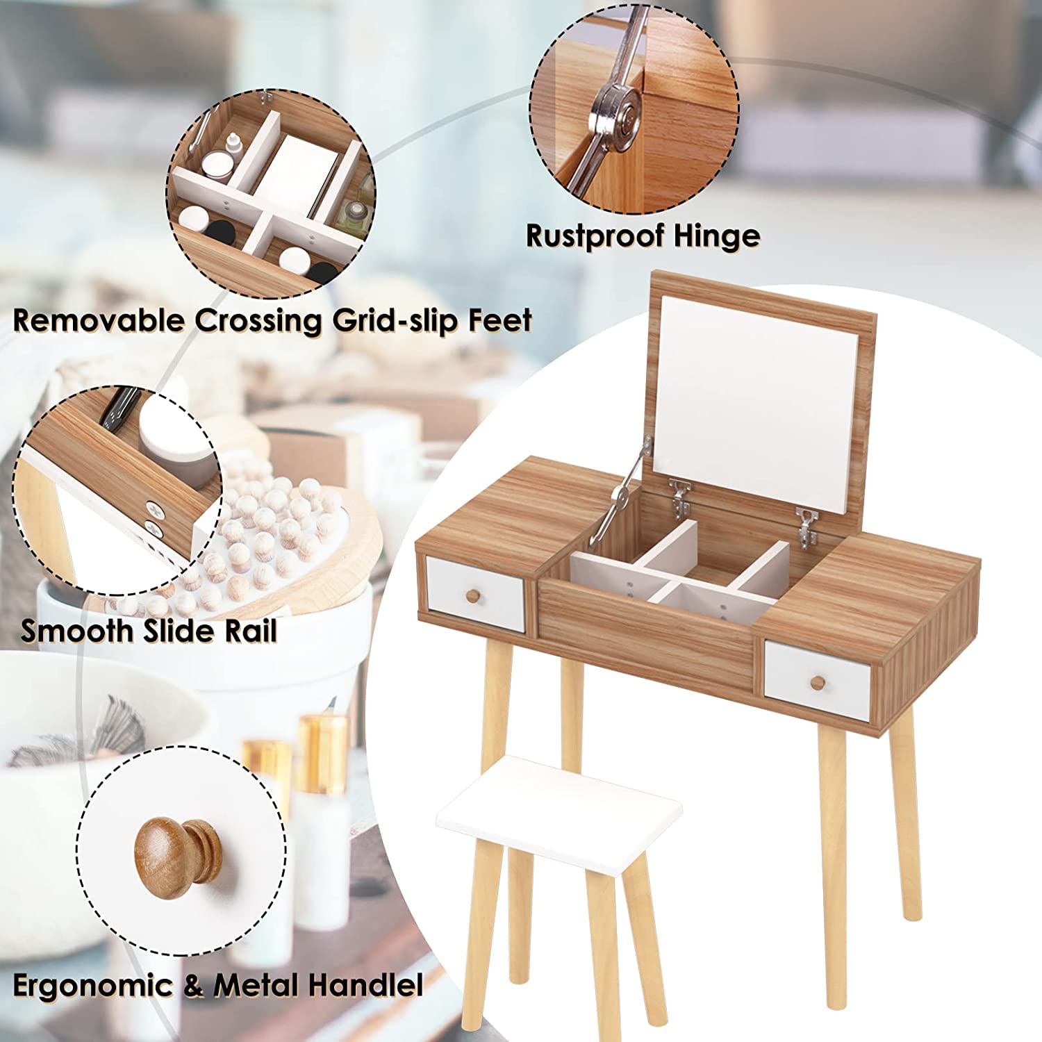 化粧台 化粧室 DRESSING TABLE WITH LIGHTS Amazon｜Rovaurx 118.6 cm メイクアップバニティテーブル ライト