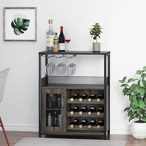 Miniatura 35 de IDEALHOUSE Armario de bar de vinos de 3 niveles con estante y cajón desmontable para vinos, aparador industrial y gabinete de buffet con soporte de