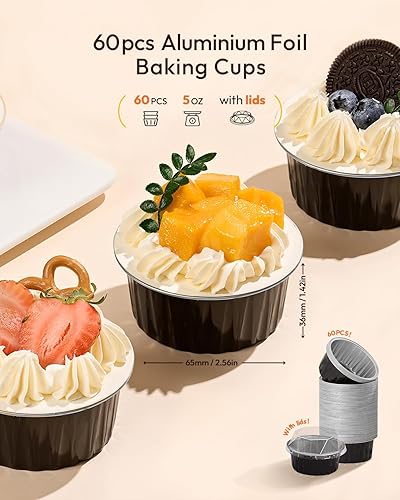 Miniatura 2 de Katbite - Ramekins desechables con tapas, paquete de 60 tazas de papel de aluminio de 5 onzas para hornear, moldes para magdalenas para crema