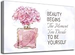 Fashioner Perfume Canvas Wall Art Gold Bottle Pink Flower Canvas Pictures Brown Inspirational Words Canvas Prints Motivational Quetos Wall Decor for Bathroom Bedroom Powder Room 40X30 CM