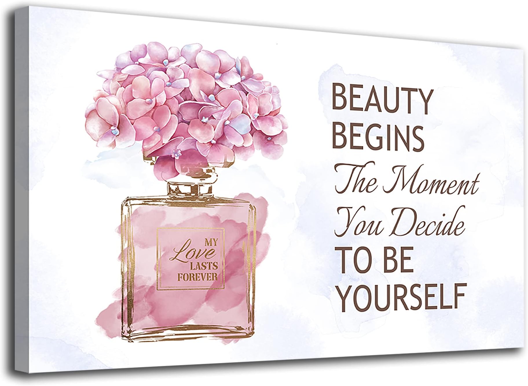 arteWOODS Fashioner Perfume Canvas Wall Art Gold Bottle Pink Flower Canvas Pictures Brown Inspirational Words Canvas Prints Motivational Quetos Wall Decor for Bathroom Bedroom Powder Room 36X24IN