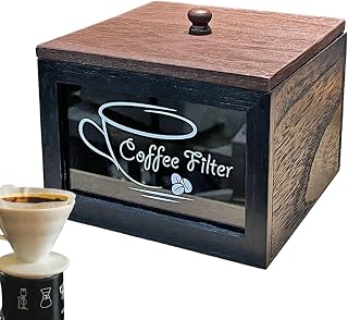 Hqunjikp Contenedor de filtro de café, caja de almacenamiento rústica de madera con tapa, accesorios de barra de café, decoración cuadrada para el hogar, se adapta a la mayoría de tipos de filtros