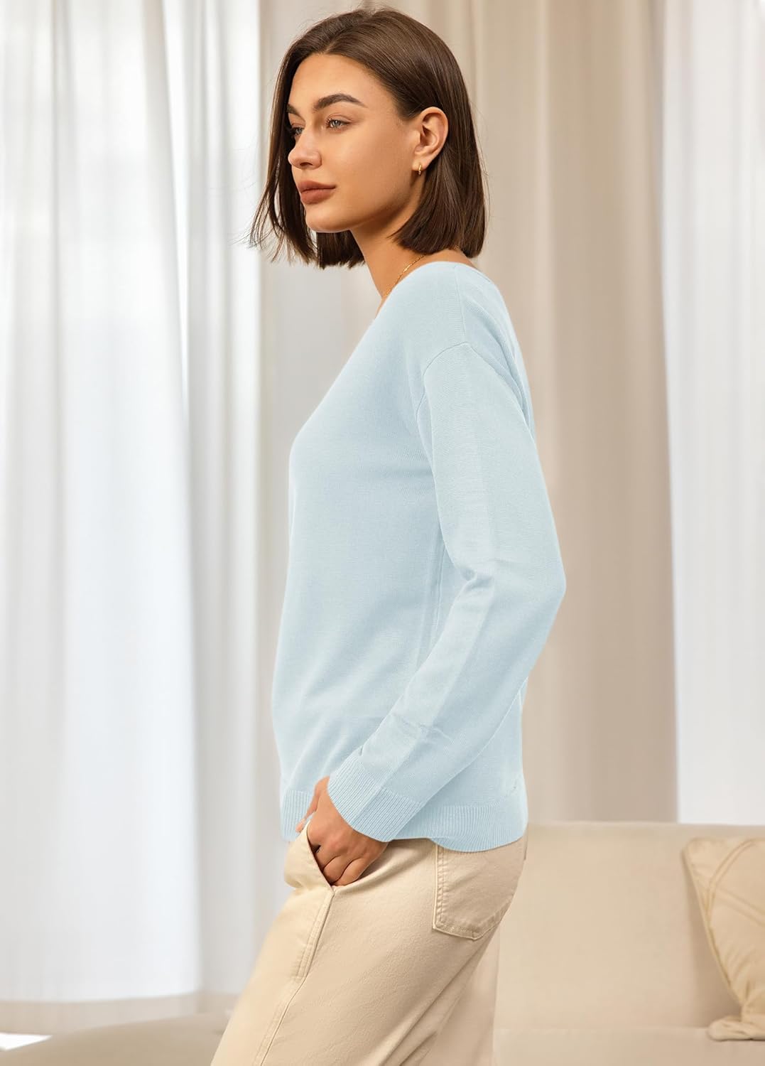 Panadila Women V Neck Oversized Sweaters Casual Off The Shoulder Sweater Knit Long Sleeve Tops Fall Outfits (Light Blue,L) - Image 4