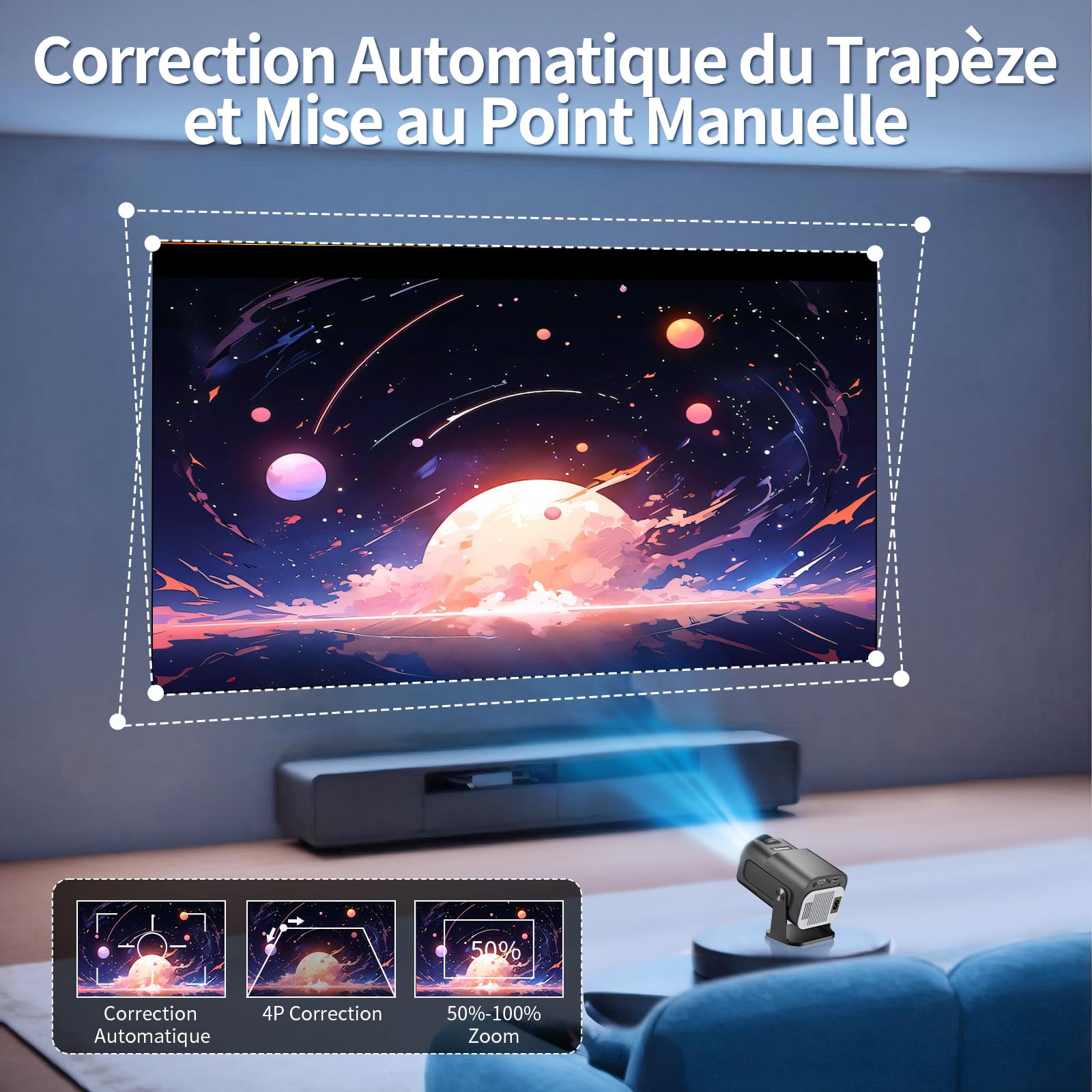 Vidéoprojecteur 4K 1080P Mini Projecteur avec WiFi 6 et Bluetooth 5.2 Projecteur Trapézoïdale Automatique, 270° RotationSupporte HDMI/TVStick/Memory Stick/Laptop, Noir