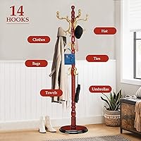 Vista 4 de Perchero de ropa de madera independiente, soporte de árbol de abrigos naturales con 14 ganchos, perchero de 185 cm resistente y fácil de montar