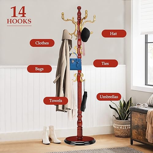 Miniatura 4 de Perchero de madera independiente, soporte de árbol de abrigos naturales con 14 ganchos, 73 pulgadas resistente y fácil de montar para entrada,