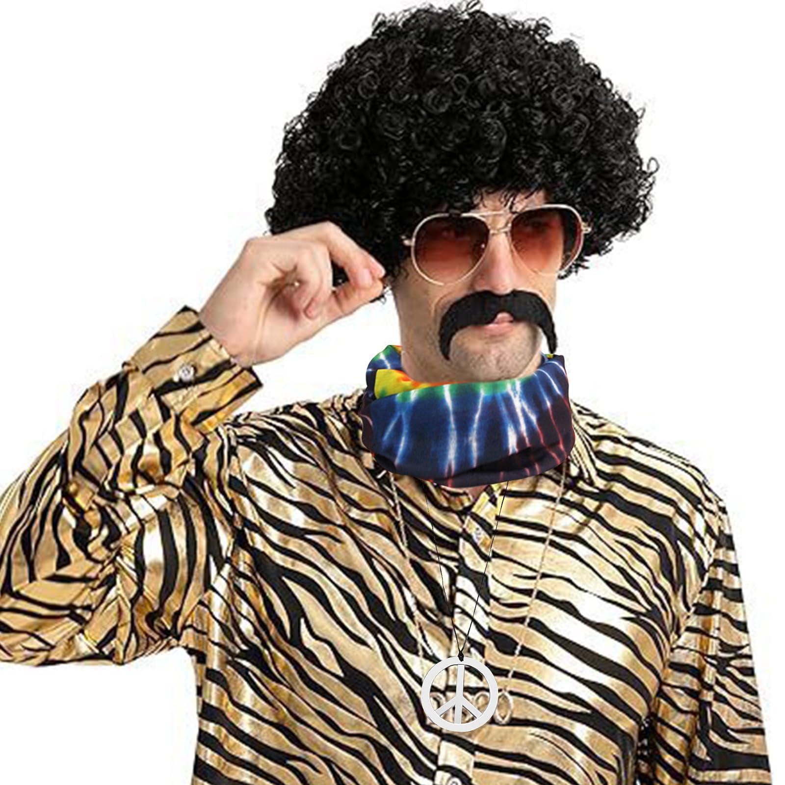 JSTHHTT Hippie Costume Set, Hippie Costume Accessories, Hippie Wig Set, Hippie Wig Sunglasses, Peace Sign Necklace, Moustache - Image 4