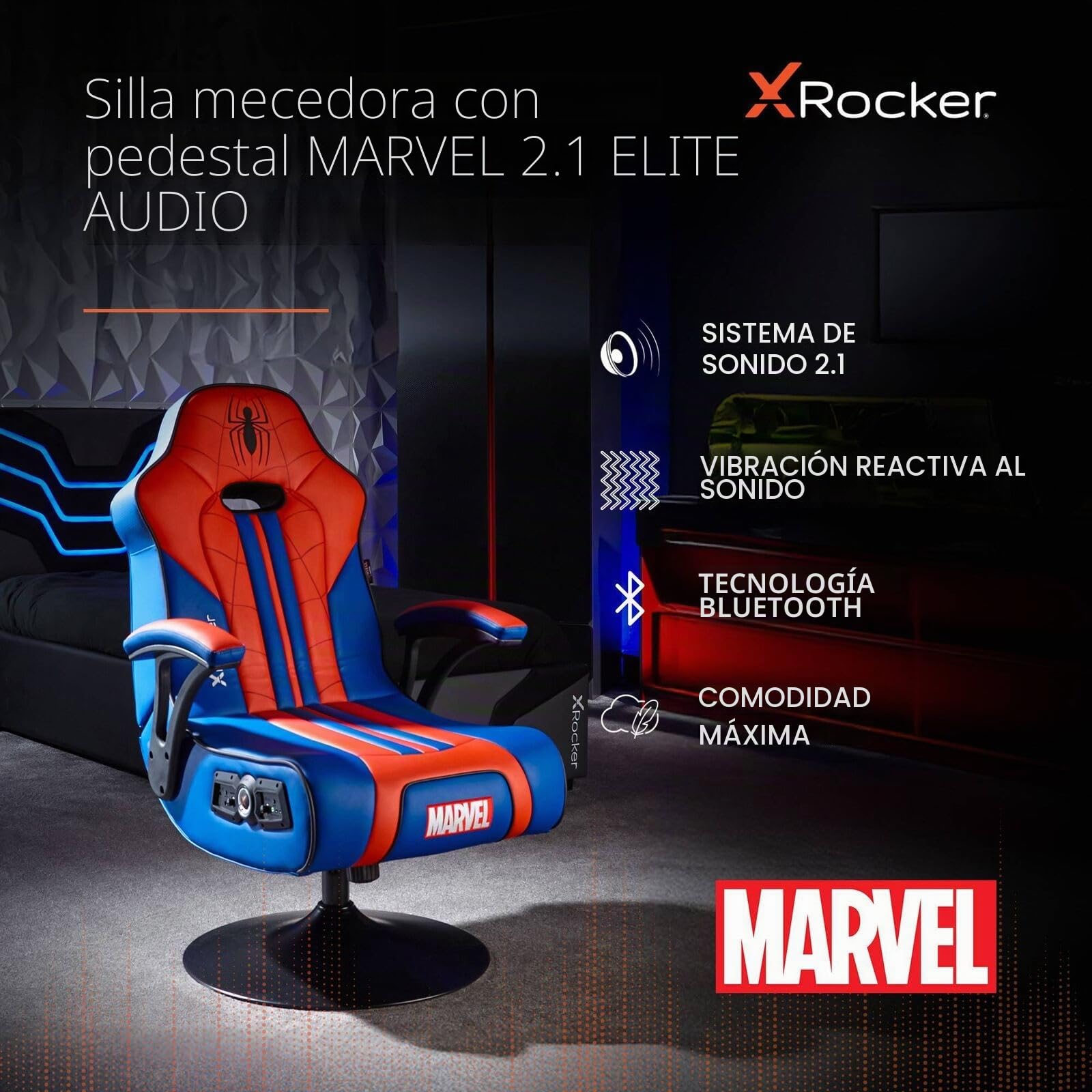 X-Rocker Silla oficial de Marvel Spider-Man, pedestal de audio plegable con altavoces Bluetooth, vibración reactiva, asiento de juego para niños y jóvenes, edición Elite