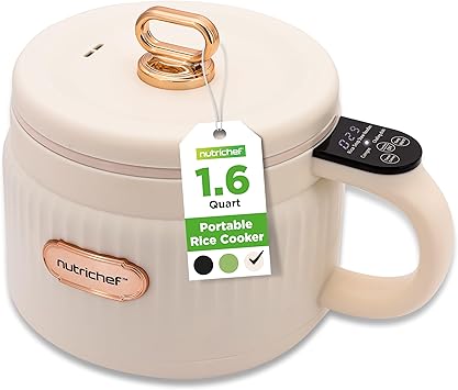 NutriChef 1.6 QT Portable Electric Rice Cooker & Lunch Maker | Multi-Functional & Non-Stick Ceramic Coating | Digital Control Panel | 6 Cook Functions Rice, Soup, Stew, Porridge & More | White