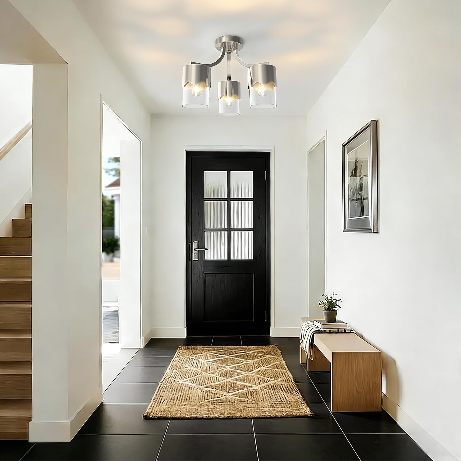 Maxax 15.8" Nickel Semi Flush Mount Ceiling Light Fixture, Modern Farmhouse 3-Light Chandelier, Clear Glass Shade, E26 Base, for Entryway, Hallway, Bedroom, Kitchen, Dining Room, Bedroom, Living Room