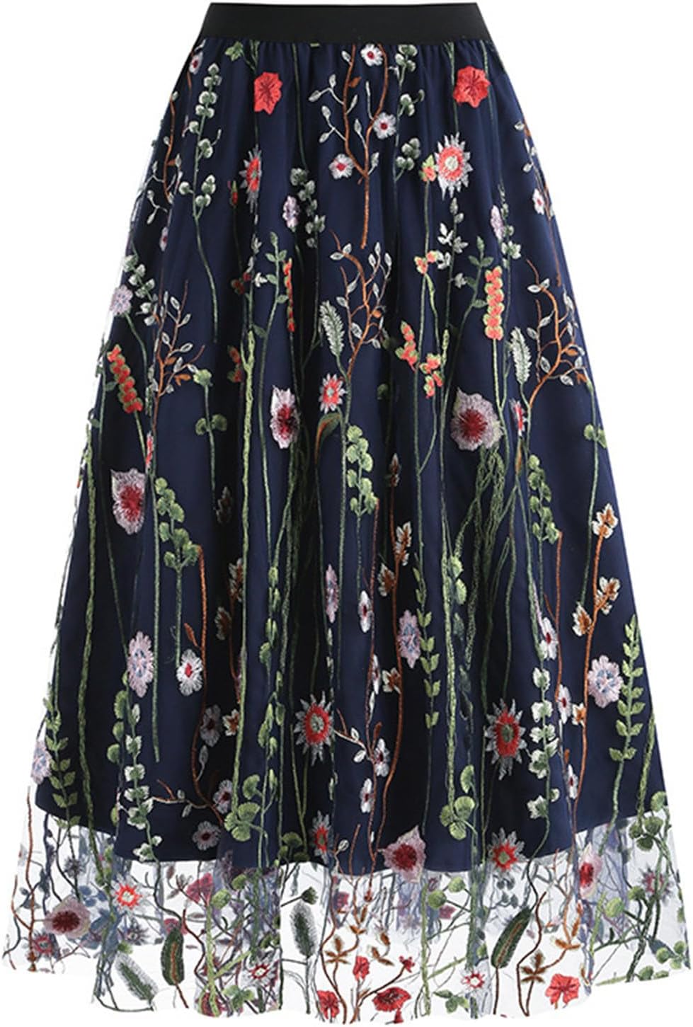 Women's Tulle Skirts Embroidery Floral A Line Party Evening Tutu Skirts Tea Length High Waist Layered Flowy Lace Skirt